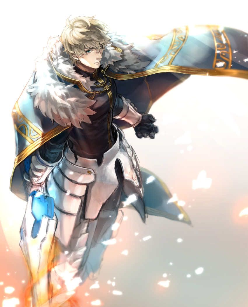 1boy absurdres armor black_gloves blonde_hair blue_cape blue_eyes cape collared_cape excalibur_galatine fate/extra fate/grand_order fate_(series) fire full_body fur_collar gauntlets gawain_(fate/extra) gloves highres holding holding_sword holding_weapon izumi_shino knight knights_of_the_round_table_(fate) long_sleeves looking_at_viewer male_focus shiny short_hair simple_background solo sword weapon white_background