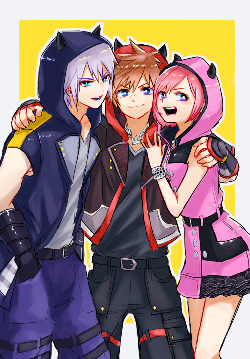 1girl 2boys arm_around_shoulder belt blue_eyes bracelet brown_hair fingerless_gloves gloves hand_in_pocket highres hood hood_up hoodie horned_hood jewelry kairi_(kingdom_hearts) kingdom_hearts kingdom_hearts_iii looking_at_viewer mihau_my multiple_boys open_mouth riku skirt smile sora_(kingdom_hearts)