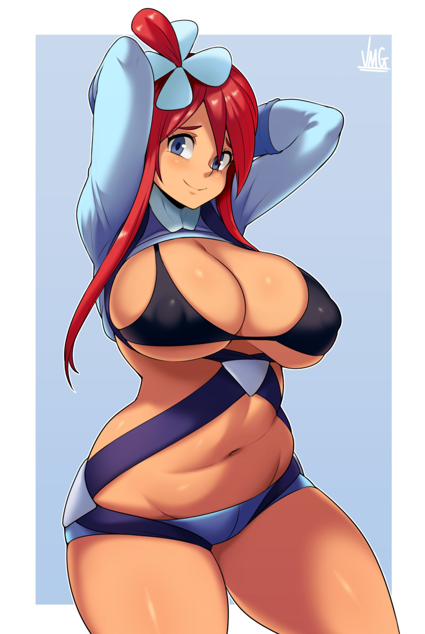 1girl absurdres adapted_costume alternate_breast_size arms_up belly bikini bikini_top blue_background blue_eyes blush border breasts cleavage covered_nipples cowboy_shot curvy fuuro_(pokemon) gym_leader highres huge_breasts jmg looking_at_viewer navel one_side_up outside_border pokemon pokemon_(game) pokemon_bw red_hair shrug_(clothing) signature smile solo standing swimsuit tan thighs underboob white_border