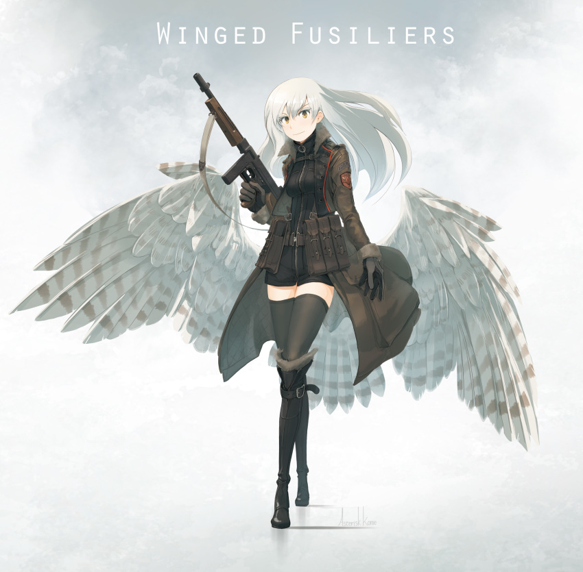 1girl artist_name asterisk_kome bangs belt bird_wings black_footwear black_jumpsuit black_legwear boots brown_coat closed_mouth coat commentary copyright_name emblem gun highres holding holding_gun holding_weapon knee_boots long_hair looking_at_viewer low_wings open_clothes open_coat pouch short_jumpsuit signature silver_hair smile solo spread_wings standing submachine_gun thighhighs thompson_submachine_gun utility_belt weapon white_wings wind winged_fusiliers wings yellow_eyes zipper