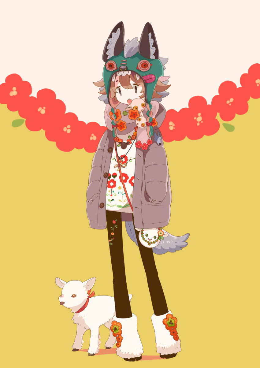 1girl absurdres animal_bag animal_hat bag black_pants brown_coat brown_hair coat fake_tail fang floral_background floral_print full_body grey_eyes hands_in_pockets hat highres hoof_shoes jewelry looking_down necklace open_mouth original pants sheep short_hair shoulder_bag sorata123 standing tail wolf_hat wolf_tail