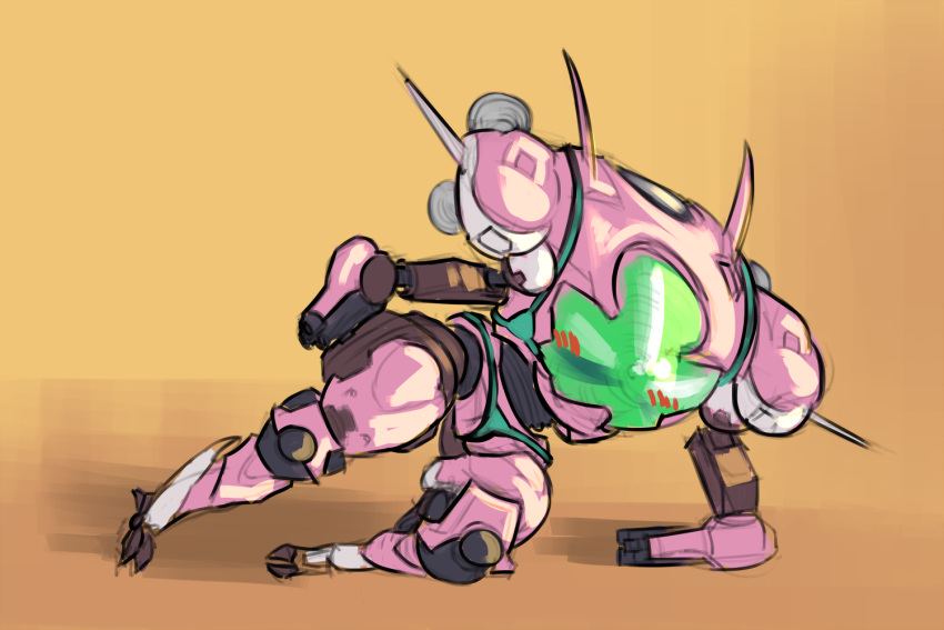 3:2 ambiguous_gender bikini blizzard_entertainment blush brown_background clothing machine meka_(overwatch) metallic_body not_furry overwatch pink_body robot simple_background solo swimwear unknown_artist video_games