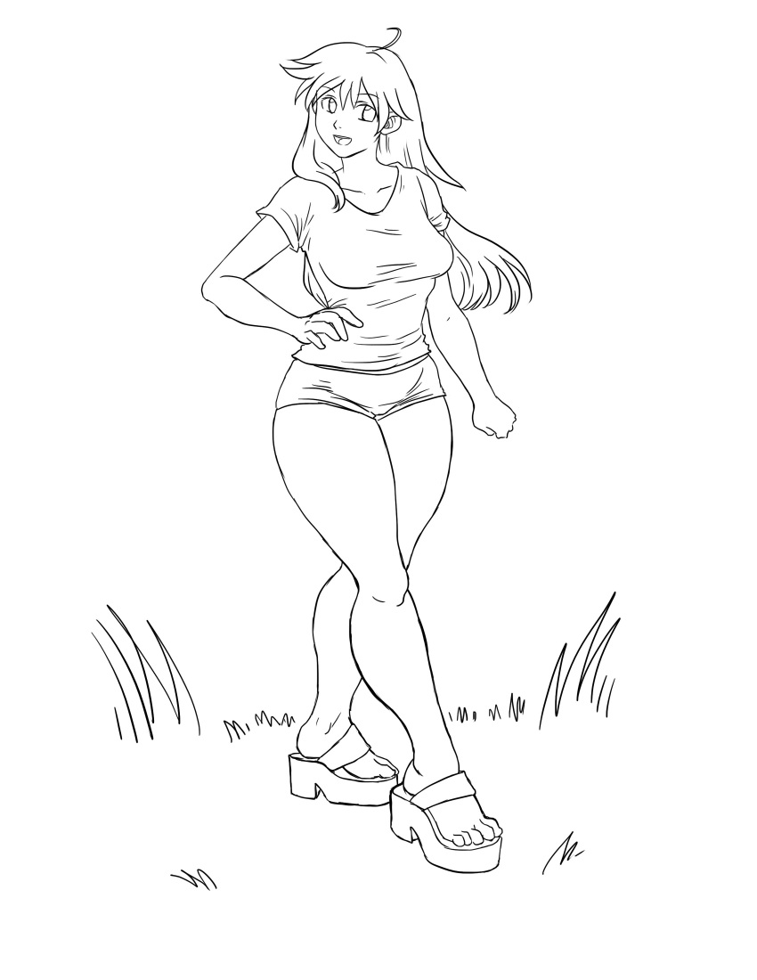 absurd_res clothing female footwear grass hair hi_res human looking_at_viewer mammal miranda_leigh monochrome pre-transformation shoes simple_background sketch smiling_at_viewer solo