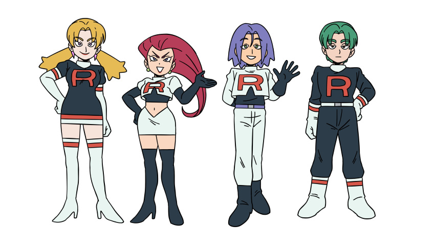 2boys 2girls absurdres blonde_hair green_hair highres kiana_mai kojirou_(pokemon) kosaburou_(pokemon) lavender_hair multiple_boys multiple_girls musashi_(pokemon) pink_hair pokemon pokemon_(anime) team_rocket white_background yamato_(pokemon)