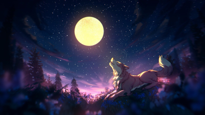 16:9 2020 ambiguous_gender canid canine canis detailed_background digital_media_(artwork) feral grass howl lukiri mammal moon night outside sky solo star starry_sky widescreen wolf