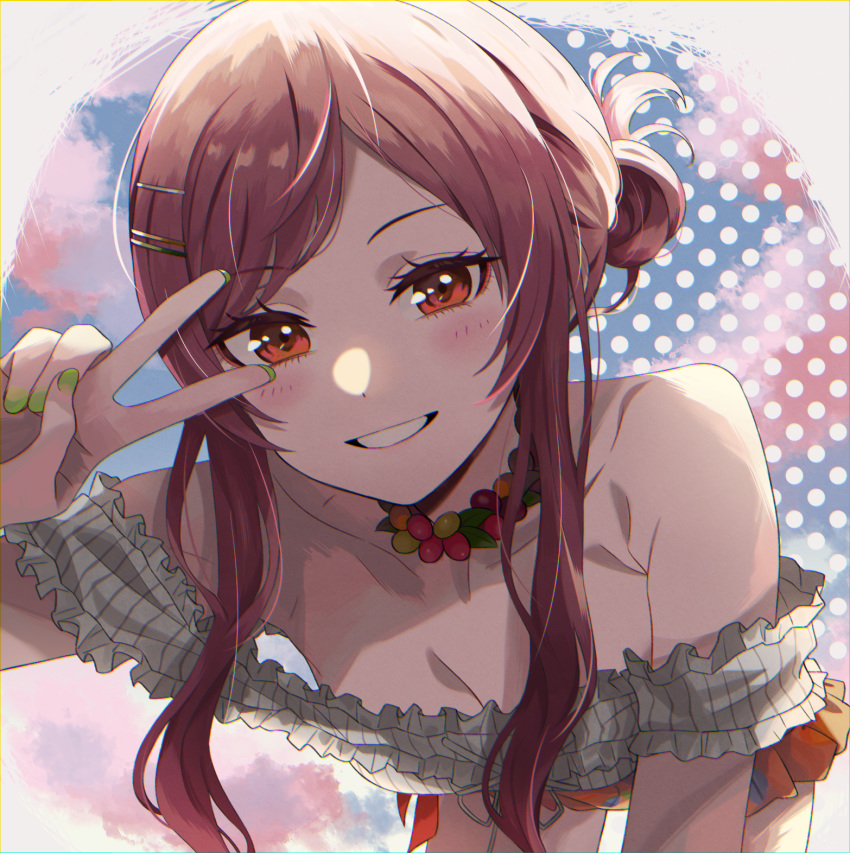 1girl bangs bare_shoulders blush breasts brown_eyes brown_hair cleavage collarbone eyebrows_visible_through_hair green_nails grin hair_bun hair_ornament hairclip highres homefuji idolmaster idolmaster_shiny_colors leaning_forward long_hair looking_at_viewer medium_breasts nail_polish off_shoulder oosaki_amana smile solo swept_bangs teeth v