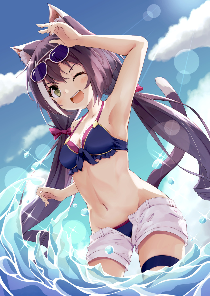 1girl ;d animal_ear_fluff animal_ears arm_up armpits bangs bare_arms bare_shoulders bikini bikini_under_clothes black_hair blue_bikini blush bow breasts cat_ears cat_girl cat_tail cleavage collarbone commentary_request day eyebrows_visible_through_hair eyewear_on_head fang green_eyes hair_between_eyes hair_bow highres karyl_(princess_connect!) long_hair low_twintails medium_breasts mizutan64 multicolored_hair navel one_eye_closed open_clothes open_fly open_mouth open_shorts outdoors princess_connect! princess_connect!_re:dive red_bow short_shorts shorts smile solo standing streaked_hair sunglasses swimsuit tail thigh_strap twintails upper_teeth v-shaped_eyebrows very_long_hair wading white-framed_eyewear white_hair white_shorts