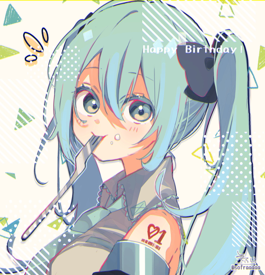 1girl absurdres aqua_hair bangs bare_shoulders black_bow blush bow closed_mouth collared_shirt commentary detached_sleeves diagonal_stripes eyebrows_visible_through_hair food food_on_face fork_in_mouth green_eyes green_neckwear grey_shirt hair_between_eyes hair_bow happy_birthday hatsune_miku highres long_hair looking_at_viewer mouth_hold necktie notice_lines shirt signature sleeveless sleeveless_shirt sofra solo striped twintails twitter_username upper_body vocaloid