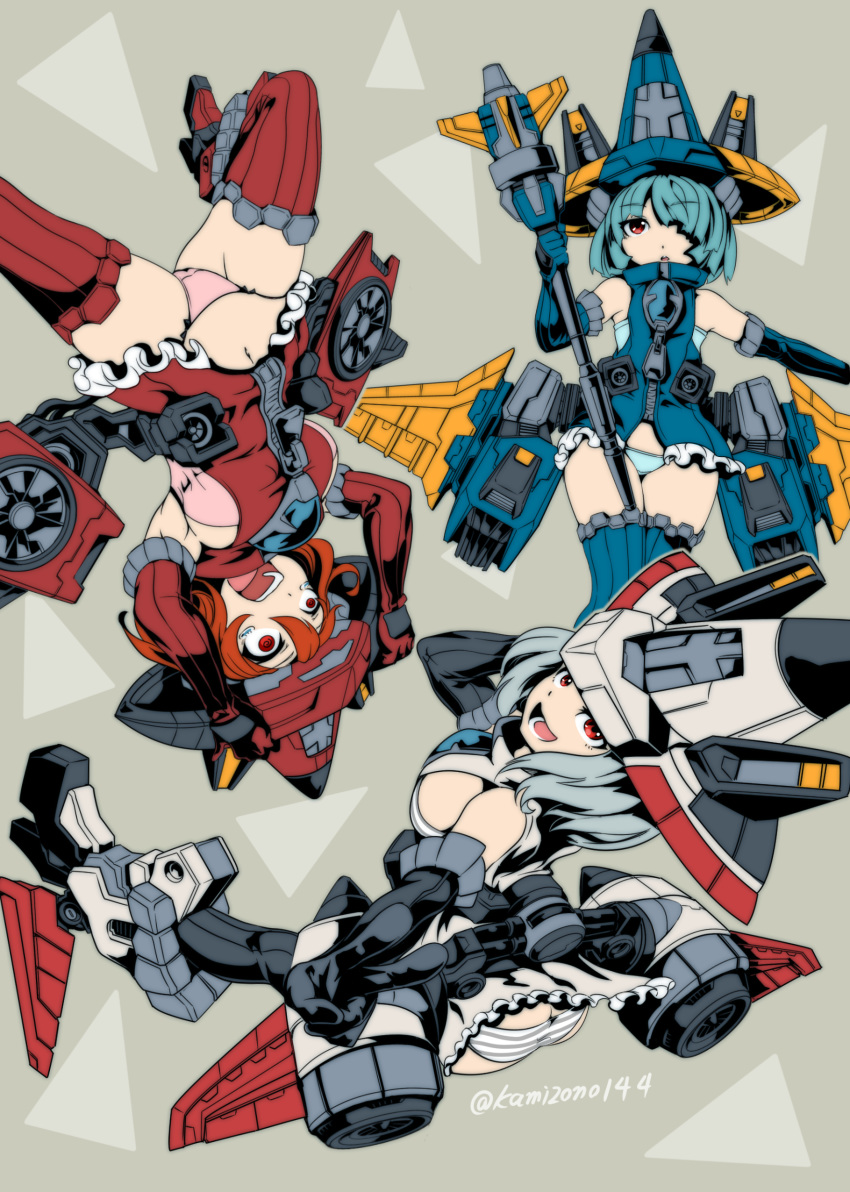 3girls absurdres blue_panties breasts decepticon dirge_(transformers) embarrassed flat_chest genderswap genderswap_(mtf) hat highres holding holding_staff kamizono_(spookyhouse) mecha_musume mechanical_wings medium_breasts multiple_girls no_pants open_mouth panties personification ramjet red_eyes red_panties staff thrust transformers underwear v white_panties wings witch_hat