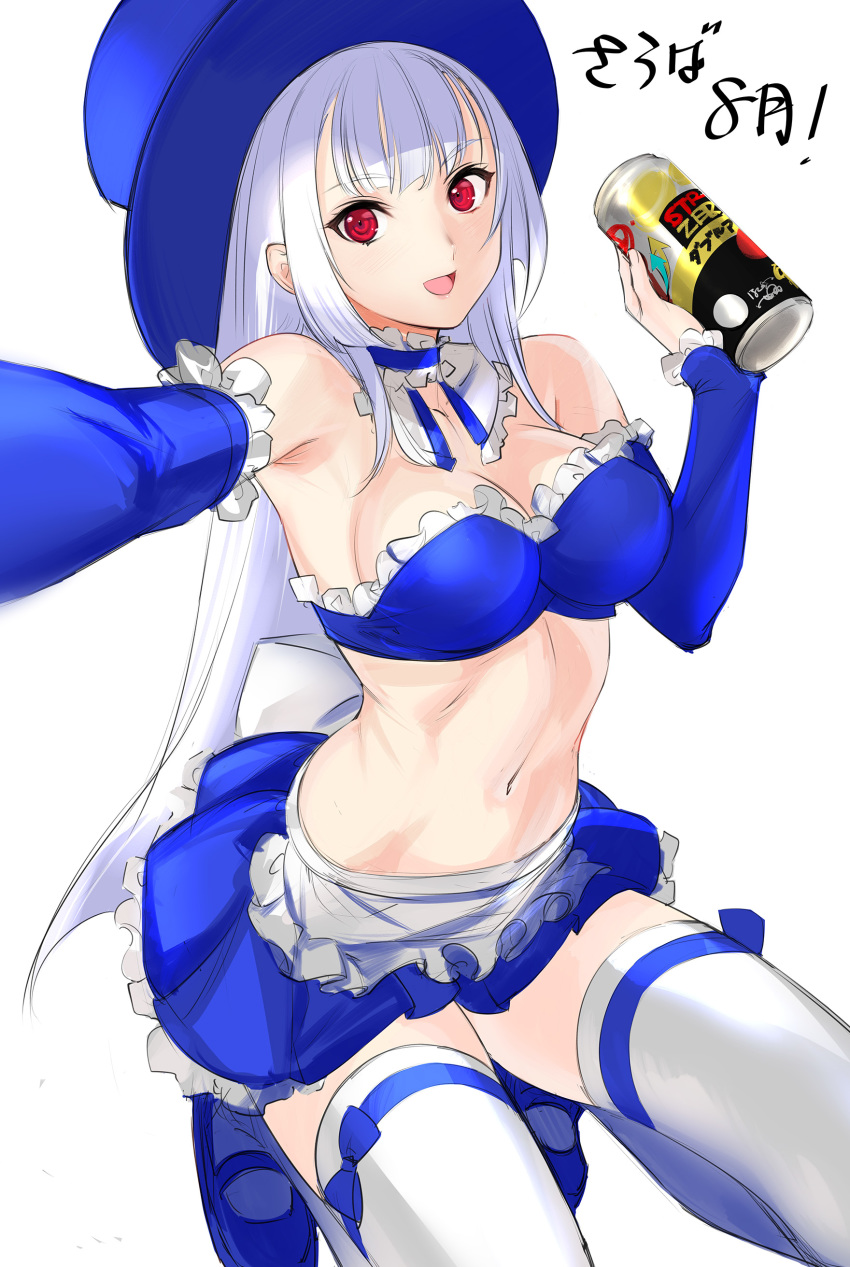 1girl absurdres albino alternate_color alternate_costume apron bandeau bangs beer_can blue_bra blue_footwear blue_headwear blue_ribbon blue_skirt blue_sleeves bra can capcom_fighting_jam choker commentary_request detached_sleeves frilled_choker frills hat highres ingrid long_hair looking_at_viewer mary_janes midnight_bliss midriff navel red_eyes ribbon ribbon_choker self_shot shoes skirt smile solo straight_hair strapless strapless_bra strong_zero tetsu_(kimuchi) thigh_ribbon thighhighs top_hat underwear waist_apron white_hair white_legwear