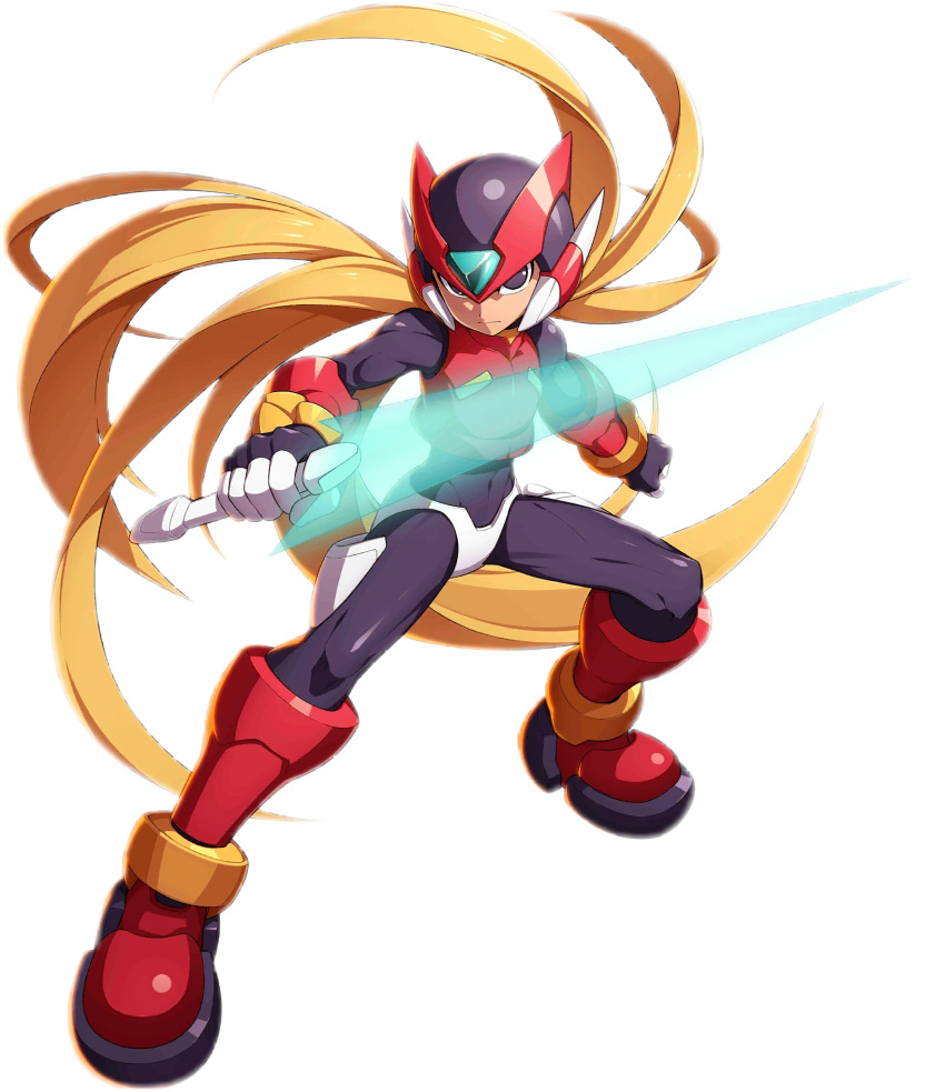 1boy android black_eyes blonde_hair capcom energy_sword fighting_stance full_body helmet highres holding holding_weapon long_hair male_focus mizuno_keisuke rockman rockman_x rockman_x_dive rockman_zero solo sword transparent_background weapon zero_(rockman)