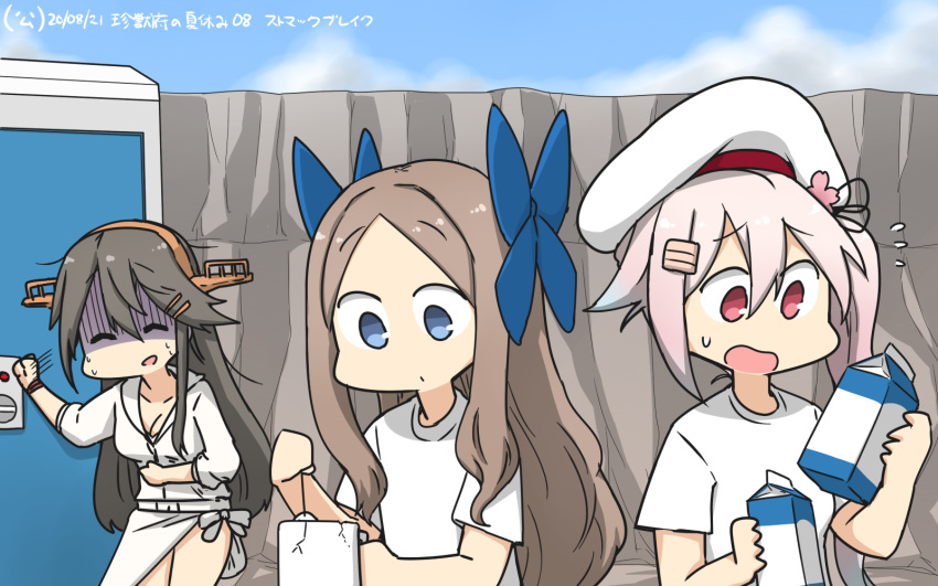 3girls alternate_costume asakaze_(kantai_collection) bangs beret blue_eyes blue_hair blue_sky cloud cup dated day flower flying_sweatdrops forehead gradient_hair hair_flower hair_ornament hair_ribbon hamu_koutarou haruna_(kantai_collection) harusame_(kantai_collection) hat highres holding_stomach jacket kantai_collection light_brown_hair long_hair milk_carton mug multicolored_hair multiple_girls outdoors parted_bangs pink_hair red_eyes restroom_stall ribbon rock sarong shirt short_sleeves side_ponytail sidelocks sky stomachache t-shirt turn_pale wavy_hair white_jacket white_sarong white_shirt