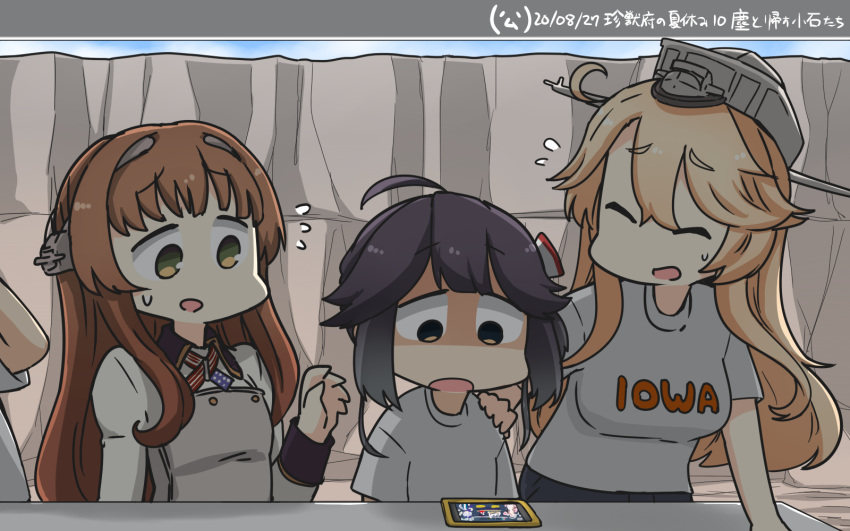 4girls ahoge bangs blonde_hair breasts brown_hair cellphone closed_eyes clothes_writing dated eyebrows_visible_through_hair fate/grand_order fate_(series) flying_sweatdrops hair_ribbon hamu_koutarou hand_on_another's_shoulder hayanami_(kantai_collection) headgear helena_(kantai_collection) highres iowa_(kantai_collection) kantai_collection kinu_(kantai_collection) large_breasts long_hair long_sleeves multiple_girls open_mouth outdoors phone ponytail purple_hair ribbon shirt short_sleeves side_ponytail signature smartphone sweat white_shirt