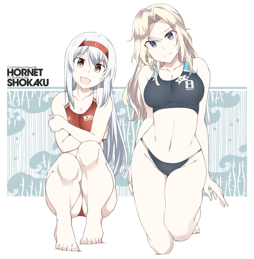 2girls :d bare_legs barefoot bikini black_bikini blonde_hair blue_eyes breasts brown_eyes character_name cleavage clothes_writing collarbone eyebrows_visible_through_hair full_body hair_between_eyes headband hornet_(kantai_collection) kantai_collection large_breasts long_hair multiple_girls open_mouth red_bikini red_headband shoukaku_(kantai_collection) smile souji sports_bikini sportswear swimsuit toes white_hair