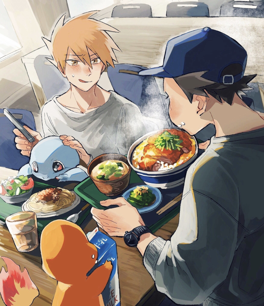 2boys bangs baseball_cap blush bowl carton chair charmander collarbone commentary_request fingernails food gen_1_pokemon glass hat highres holding holding_tray indoors licking_lips multiple_boys ookido_green orange_hair pokemon pokemon_(creature) pokemon_(game) pokemon_rgby red_(pokemon) salad shirt sitting squirtle sweatdrop table tokeru tongue tongue_out tray