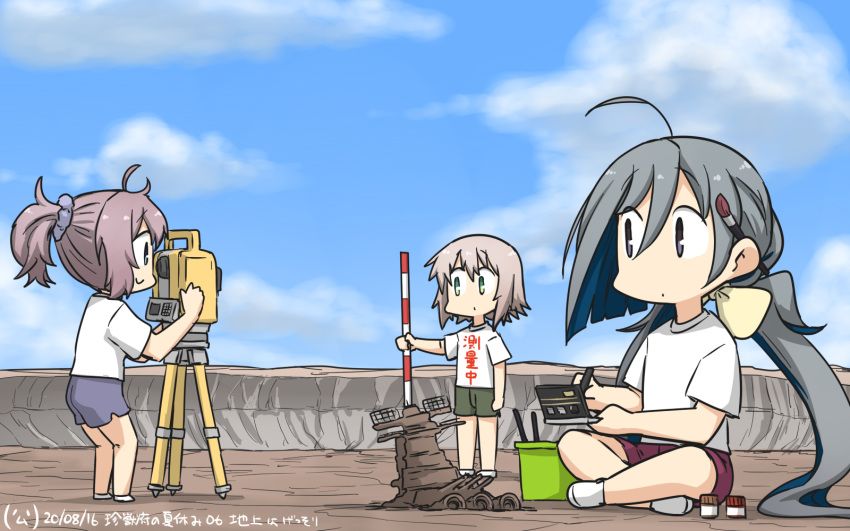 3girls ahoge alternate_costume aoba_(kantai_collection) blue_sky clothes_writing cloud day green_eyes green_shorts grey_eyes grey_hair hair_between_eyes hair_bun hamu_koutarou highres indian_style jar kantai_collection kiyoshimo_(kantai_collection) low_twintails multiple_girls outdoors paintbrush pole ponytail purple_shorts rock sculpture shimushu_(kantai_collection) shirt short_hair shorts silver_hair sitting sky t-shirt theodolite translated twintails white_shirt