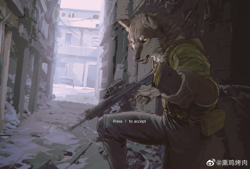 anthro bullet canid canine canis chinese_text city clothed clothing english_text fur grey_body grey_fur gun hi_res hk416 holding_object holding_weapon looking_at_viewer magazine_(gun) male mammal military multicolored_body ranged_weapon rifle soldier solo text two_tone_body video_game_mechanics warrior weapon white_body white_fur wolf yellow_eyes yoshi.kaoru