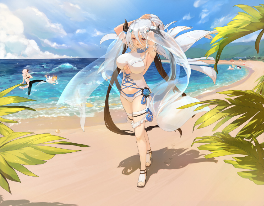 aliza_(granblue_fantasy) armpits arms_up beach breasts brown_eyes draph granblue_fantasy highres horns izmir kou_(granblue_fantasy) large_breasts navel ocean palm_tree ponytail sa_(sam-ya) sandals seashell shawl shell silver_hair smile socie_(granblue_fantasy) stan_(grandblue_fantasy) swimsuit tree yuel_(granblue_fantasy)