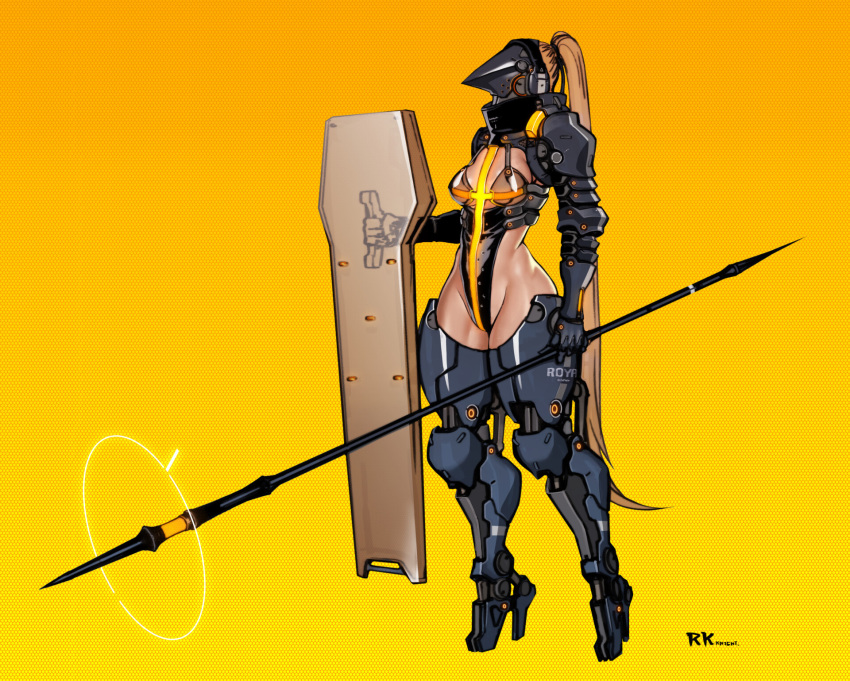 1girl armor bikini_armor breasts commentary covered_face cyberpunk cyborg english_commentary full_body helmet high_heels highleg highleg_leotard highres holding holding_shield holding_spear holding_weapon knight leotard light_brown_hair long_hair long_legs mechanical_arms mechanical_legs mechanical_parts no_toes original polearm shield small_breasts solo spear thick_thighs thighs very_long_hair weapon wei_(kaminari0411) yellow_background
