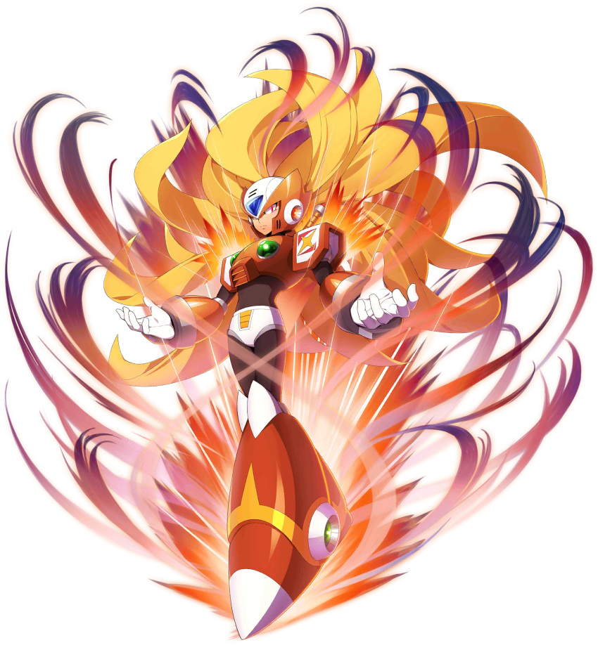 1boy android blonde_hair capcom energy full_body glowing glowing_eyes helmet highres long_hair male_focus mizuno_keisuke official_art red_eyes rockman rockman_x rockman_x_dive serious solo transparent_background very_long_hair zero_(rockman)