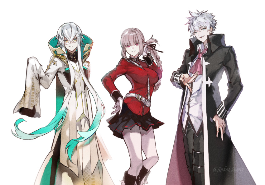 1girl 2boys asclepius_(fate/grand_order) blue_eyes boots braid breasts charles_henri_sanson_(fate/grand_order) cravat fate/grand_order fate_(series) florence_nightingale_(fate/grand_order) green_eyes high_collar highres koshika_rina large_breasts long_coat multiple_boys pantyhose pink_eyes pink_hair pleated_skirt short_hair_with_long_locks skirt sleeves_past_fingers sleeves_past_wrists smile twitter_username white_background white_hair