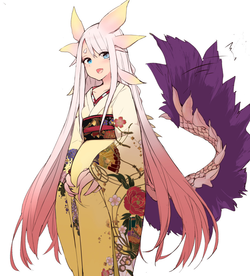 1girl absurdres blue_eyes blush breasts claws collarbone dragon_girl gradient_hair hands_on_stomach highres holding_stomach horns humanization japanese_clothes kimono long_hair long_sleeves looking_at_viewer miao_yao_cha mizutsune monster_girl monster_hunter multicolored_hair obi open_mouth patterned_clothing pink_hair pregnant sash short_eyebrows small_breasts smile solo tail tail_wagging thick_eyebrows very_long_hair wide_sleeves yellow_kimono