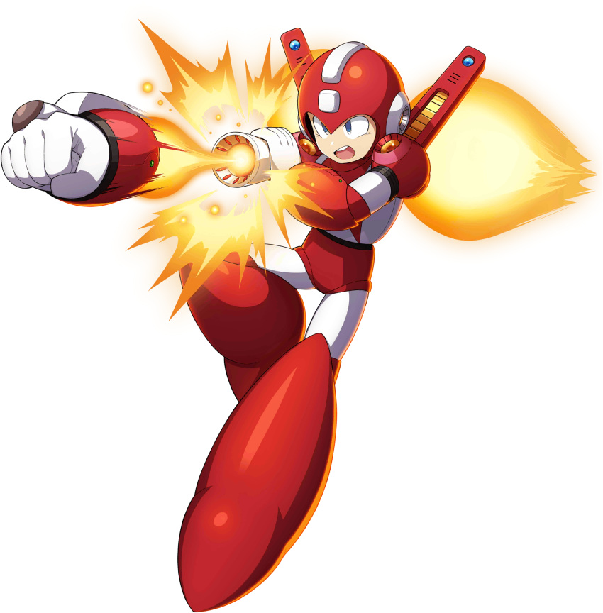 1boy android blue_eyes capcom full_body helmet highres male_focus mizuno_keisuke official_art open_mouth propeller robot rocket_punch rockman rockman_(character) rockman_(classic) rockman_x_dive serious solo transparent_background weapon