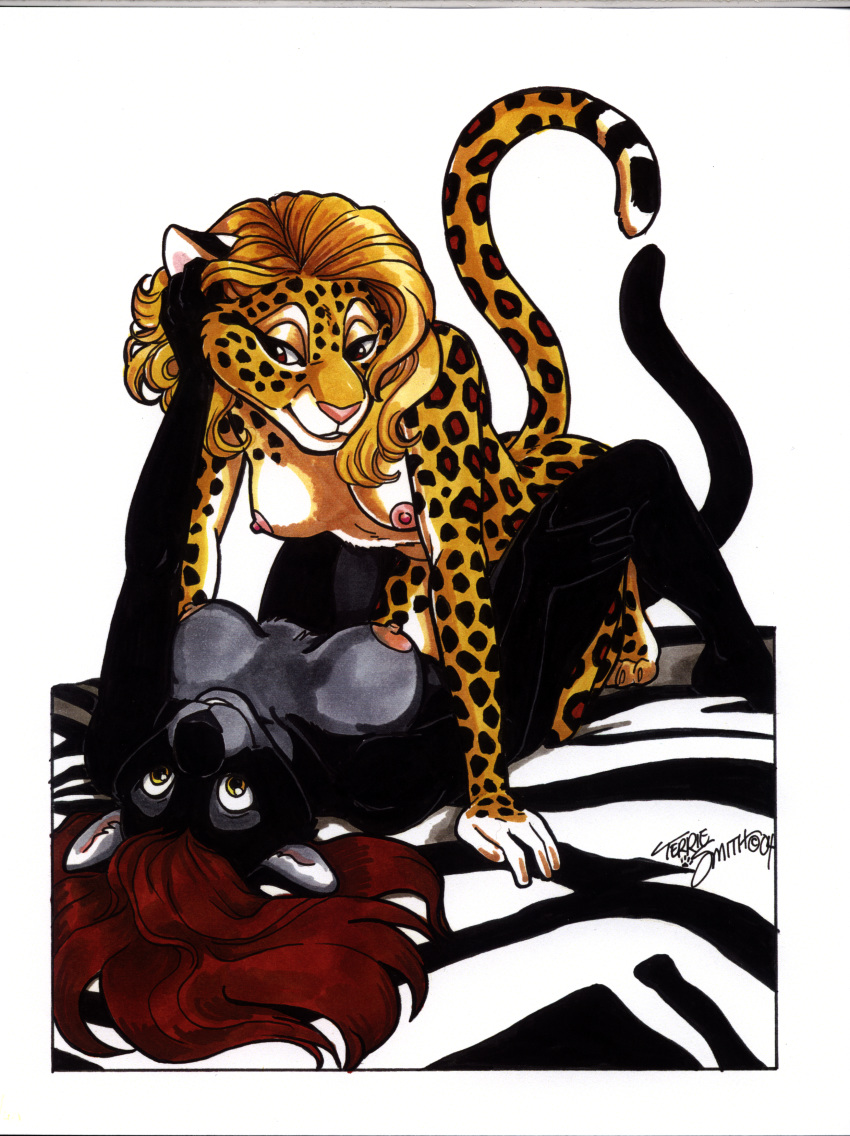 absurd_res animal_print anthro bed bed_sheet bedding bedroom blonde_hair breasts duo felid feline felis female female/female fur furniture hair hi_res leopard looking_at_another mammal nipples pantherine red_hair seducing seductive seductive_eyes seductive_smile terrie_smith traditional_media_(artwork) zebra_print