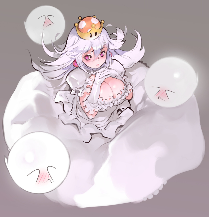 1girl 2018 :&lt; absurdres artist_name blush boo breasts cleavage collar covering_face crown dress earrings eyebrows_visible_through_hair frilled_collar frilled_dress frilled_gloves frills ghost gloves grey_background hands_together highres jewelry large_breasts looking_at_viewer luigi's_mansion mario_(series) mini_crown new_super_mario_bros._u_deluxe norasuko princess_king_boo puffy_short_sleeves puffy_sleeves purple_eyes short_sleeves silver_hair simple_background super_crown wavy_hair white_dress white_gloves