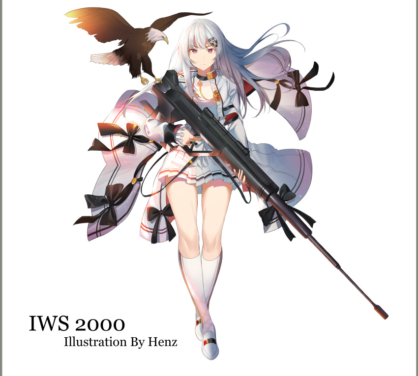 1girl absurdres anti-materiel_rifle artist_name bangs bare_thighs bow breasts character_name commentary_request eyebrows_visible_through_hair full_body girls_frontline gloves gun hair_between_eyes hair_ornament hair_ribbon hairclip henz highres holding holding_gun holding_weapon iws-2000_(girls_frontline) kneehighs long_hair looking_at_viewer military military_uniform photoshop_(medium) pleated_skirt red_eyes ribbon rifle shirt shoes sidelocks silver_hair skirt sniper_rifle solo steyr_iws_2000 thighs uniform weapon white_background white_footwear white_legwear