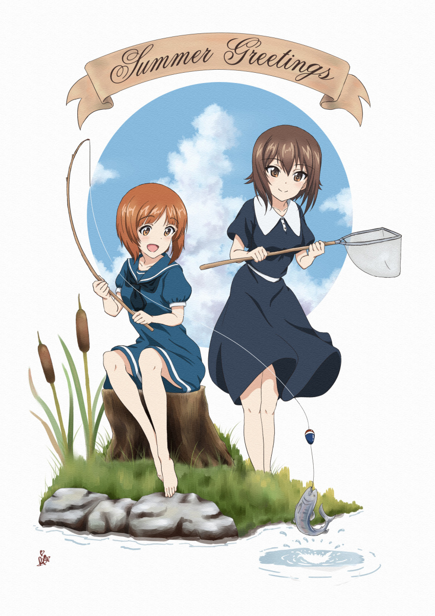 2girls absurdres artist_name bangs barefoot black_neckwear blue_dress blue_sky brown_eyes brown_hair cattail closed_mouth cloud cloudy_sky collared_dress commentary day dress english_text eyebrows_visible_through_hair fish fishing fishing_net fishing_rod girls_und_panzer highres holding holding_fishing_rod ishigoromo medium_dress multiple_girls neckerchief nishizumi_maho nishizumi_miho open_mouth outdoors plant sailor_collar short_hair short_sleeves signature sitting sky smile standing stream wing_collar