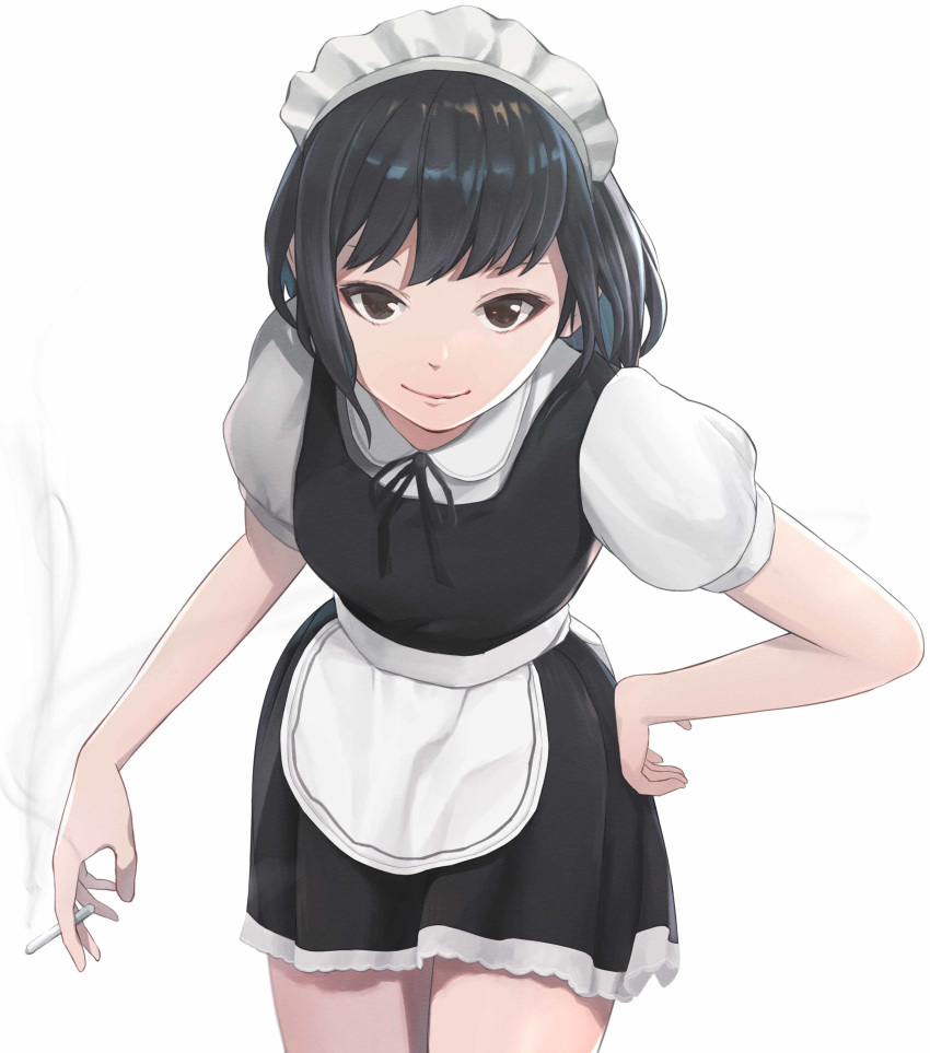 1girl absurdres apron black_eyes black_hair cigarette debi dress facing_viewer hand_on_hip highres holding holding_cigarette looking_at_viewer maid maid_apron maid_dress maid_headdress original puffy_short_sleeves puffy_sleeves short_dress short_hair short_sleeves simple_background smile solo white_background