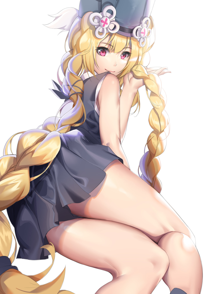 1girl absurdres bare_legs blonde_hair blue_dress blue_headwear braid braiding_hair closed_mouth dress eyebrows_visible_through_hair girls_frontline hair_ornament hairdressing hand_in_hair hand_on_floor hat henz highres long_hair looking_at_viewer lying on_floor on_side open_eyes purple_eyes smile solo sr-3mp_(girls_frontline) thighs twin_braids white_background