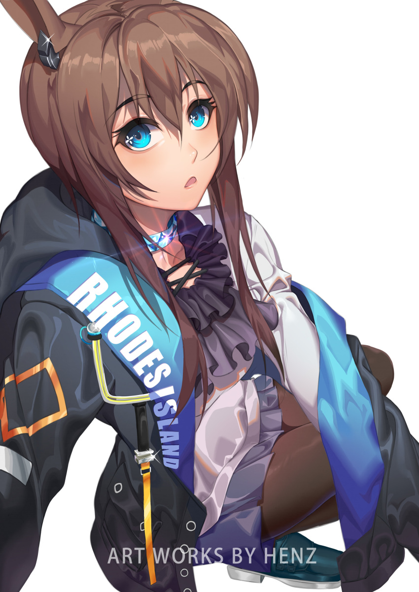 1girl absurdres amiya_(arknights) animal_ears aqua_footwear arknights artist_name black_jacket black_legwear blue_eyes blue_skirt brown_hair bunny_ears choker eyebrows_visible_through_hair henz highres hood hooded_jacket jacket long_hair looking_at_viewer open_eyes open_mouth pantyhose rhodes_island_logo shirt shoes sitting skirt solo thighs white_background white_shirt