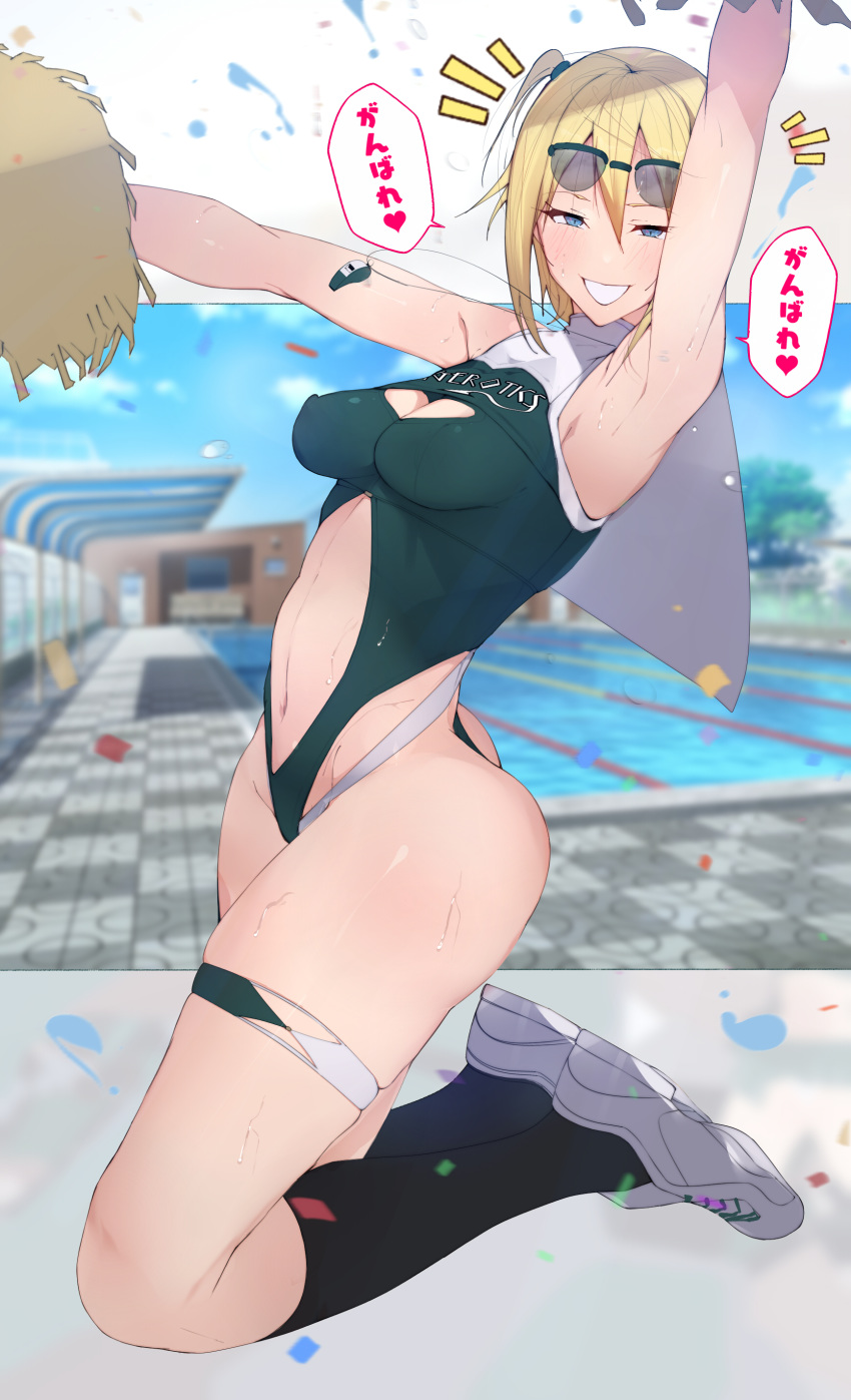 1girl :d absurdres agovitch armpits arms_up ass bangs black_legwear blonde_hair blue_eyes blush breasts capelet cheering cheerleader cleavage cleavage_cutout confetti covered_nipples eyewear_on_head hair_between_eyes highres jumping looking_at_viewer navel open_mouth original pom_poms pool revealing_clothes short_hair skindentation smile solo sunglasses sweat thigh_strap thighs tied_hair translation_request uniform whistle whistle_around_neck white_footwear