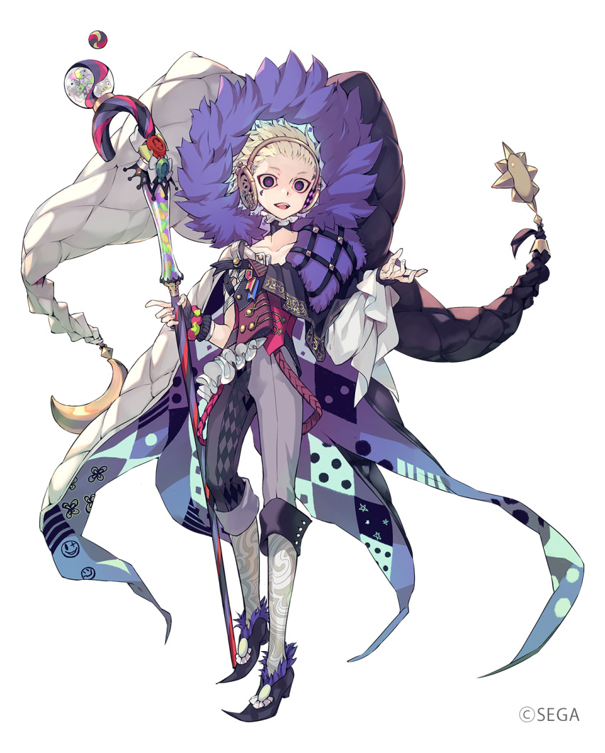 1boy black_footwear blonde_hair collarbone crown dice facial_mark fignya frills fur-trimmed_hood fur_trim gin_(oyoyo) hair_slicked_back headgear headphones highres holding holding_staff hood hood_up idola_phantasy_star_saga male_focus mismatched_legwear official_art open_mouth phantasy_star pointy_footwear purple_eyes simple_background solo staff standing striped teeth tongue upper_teeth white_background