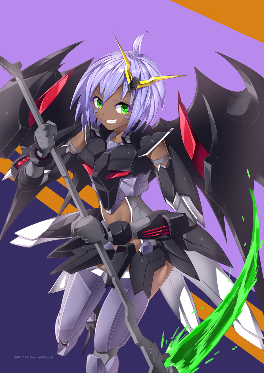 1girl beam_scythe dark_skin green_eyes gundam gundam_deathscythe_hell_custom gundam_wing gundam_wing_endless_waltz highres holding holding_scythe i.takashi looking_at_viewer looking_to_the_side mecha_musume midriff_cutout personification purple_hair scythe short_hair smirk solo v-fin