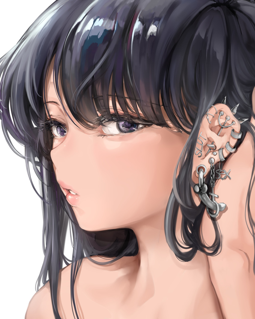 1girl absurdres black_eyes black_hair corruption ear_piercing earrings eyelashes hair_tucking highres jewelry komi-san_wa_komyushou_desu komi_shouko lips long_hair looking_at_viewer mamimi_(mamamimi) parted_lips phallic_symbol piercing sideways_glance simple_background solo upper_body white_background