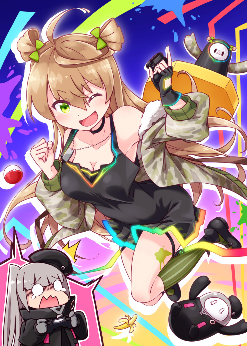 2girls ;d ahoge banana bangs bare_shoulders beret black_dress black_footwear black_gloves black_headwear black_jacket blush bow breasts brown_hair camouflage_jacket cleavage collarbone commentary_request controller double_bun dress eyebrows_visible_through_hair fall_guy fall_guys fingerless_gloves food fruit game_controller girls_frontline gloves green_bow green_legwear grey_gloves grey_hair hair_between_eyes hair_bow hands_up haradaiko_(arata_himeko) hat high_collar highres holding jacket kneehighs long_hair long_sleeves mdr_(girls_frontline) medium_breasts multiple_girls one_eye_closed one_side_up open_clothes open_jacket open_mouth poke_ball pokemon puffy_long_sleeves puffy_sleeves rfb_(girls_frontline) shoes sleeveless sleeveless_dress smile striped striped_legwear tilted_headwear vertical-striped_legwear vertical_stripes very_long_hair