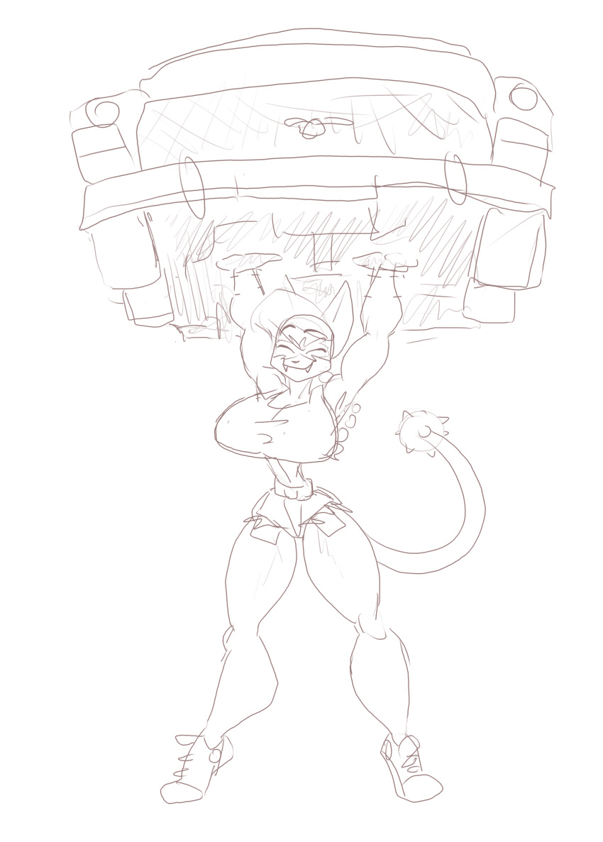 absurd_res anthro big_breasts breasts car cartoonmeat clothing felid feline female footwear hi_res lifting_object mace_tail mammal muscular muscular_anthro muscular_female nelly_(cartoonmeat) shoes sketch sneakers solo spiked_tail spikes spikes_(anatomy) vehicle wampus