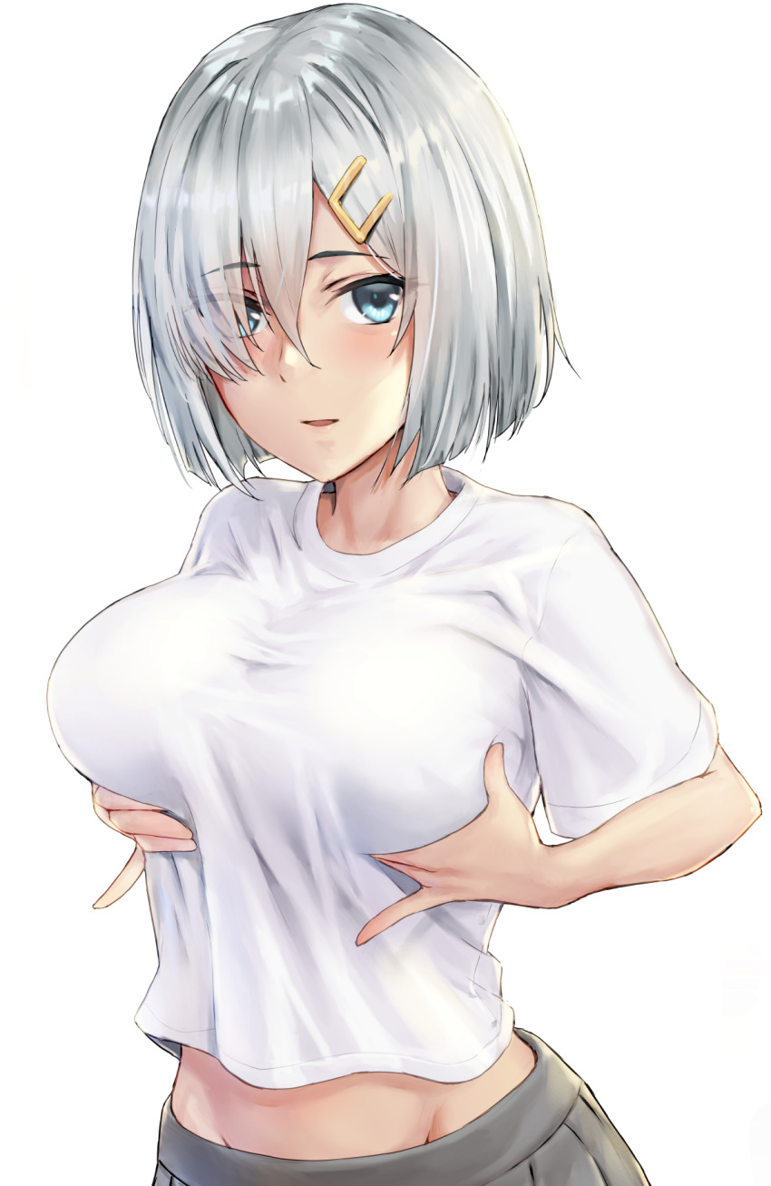 1girl blue_eyes breasts grey_skirt groin hair_ornament hair_over_one_eye hairclip hamakaze_(kantai_collection) highres kantai_collection kokuzou large_breasts open_mouth pleated_skirt shirt short_hair short_sleeves silver_hair simple_background skirt solo white_background white_shirt