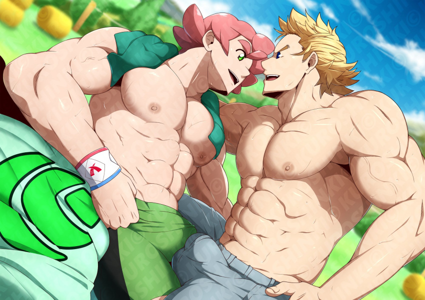 2boys abs bara blonde_hair blue_eyes body_hair boku_no_hero_academia bulge chest crossover frottage green_eyes gym_leader highres kuroshinki male_focus milo_(pokemon) multiple_boys multiple_penises muscle navel nipples open_mouth pectorals penis penises_touching pink_hair pokemon pokemon_(game) pokemon_swsh shirtless short_hair sweat toogata_mirio upper_body yaoi