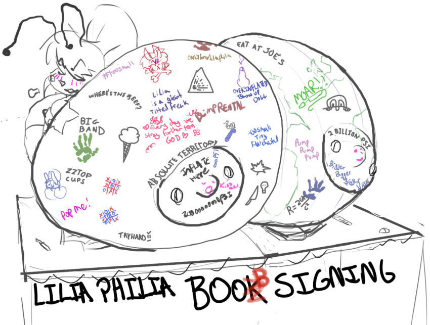 antennae_(anatomy) anthro arthropod big_breasts blush body_writing bone book breasts cartoonmeat embarrassed embarrassed_nude_exposure female furniture globe graffiti handprint_markings hazard_sign huge_breasts humor ice_cream_cone kilroy_was_here knife lilia_(cartoonmeat) maple_leaf nipple_piercing nipples non-mammal_breasts pencil_(disambiguation) physics_equation piercing pun skull solo space_bunny table text tic-tac-toe