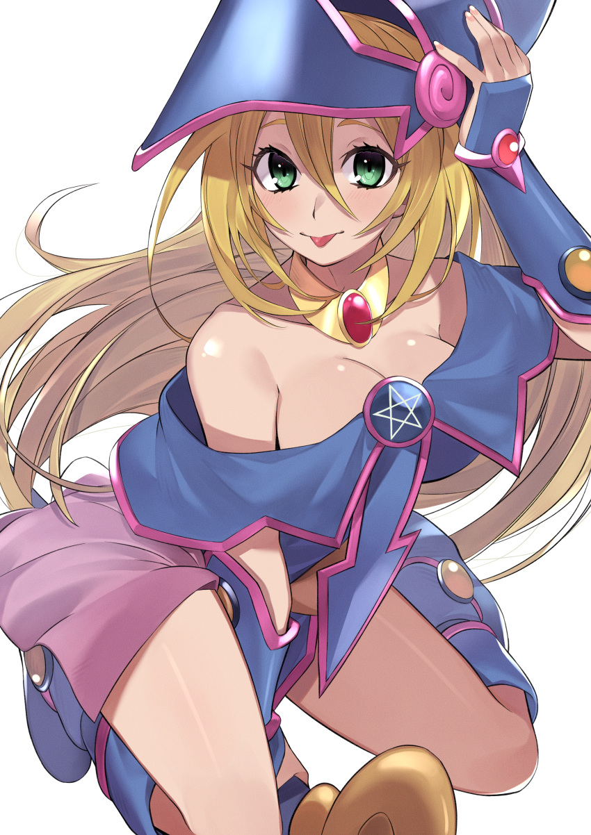 1girl absurdres adjusting_clothes adjusting_hat bare_shoulders blonde_hair blue_footwear blush blush_stickers boots breasts choker cleavage collarbone commentary_request dark_magician_girl duel_monster gem green_eyes hair_between_eyes hand_on_headwear hat highres holding holding_staff kamekiti kneeling large_breasts long_hair looking_at_viewer open_mouth pentacle simple_background smile solo staff tongue tongue_out white_background wizard_hat yuu-gi-ou