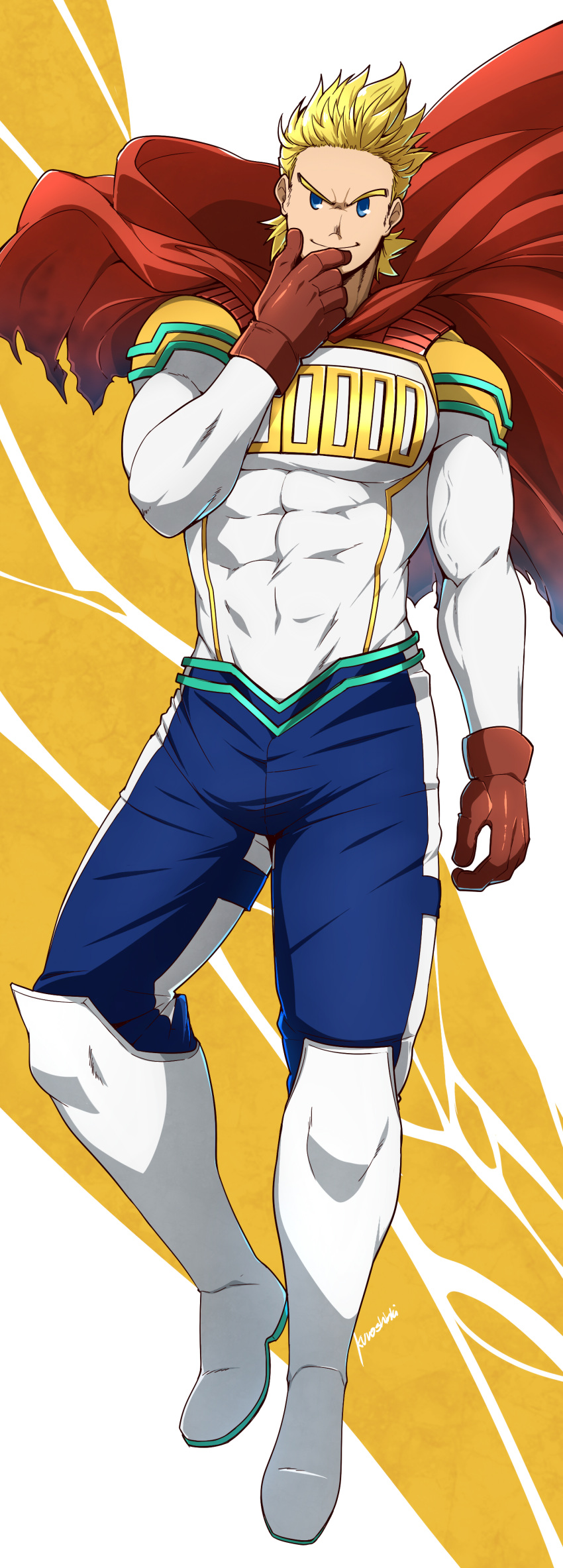 1boy absurdres bara blonde_hair blue_eyes bodysuit boku_no_hero_academia cape chest covered_abs covered_navel full_body gloves highres kuroshinki male_focus muscle short_hair smile solo thick_thighs thighs toned toned_male toogata_mirio