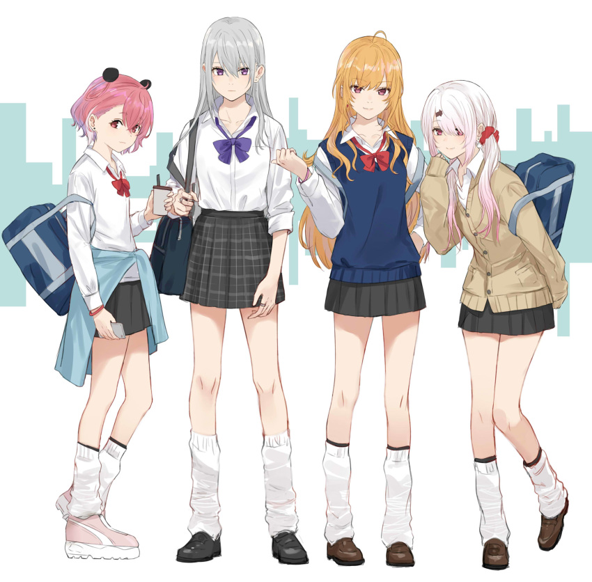 4girls ahoge alternate_costume animal_ears bag black_footwear black_skirt blonde_hair blue_vest blush bow bowtie breasts brown_cardigan brown_footwear cardigan cellphone closed_mouth clothes_around_waist collared_shirt commentary dress_shirt ear_piercing expressionless eyebrows_visible_through_hair fake_animal_ears flat_chest full_body gradient_hair hair_between_eyes hair_ornament highres higuchi_kaede holding holding_phone isshiki_(ffmania7) jacket jacket_around_waist leaning_forward long_hair long_sleeves looking_at_viewer medium_breasts miniskirt multicolored_hair multiple_girls nijisanji open_mouth panda_ears phone piercing pink_eyes pink_footwear pink_hair plaid plaid_skirt pleated_skirt purple_eyes purple_neckwear red_eyes red_neckwear sasaki_saku school_bag school_uniform scrunchie shiina_yuika shirt shirt_tucked_in shoes short_hair silver_hair simple_background skirt sleeves_past_wrists small_breasts smartphone smile sneakers socks standing standing_on_one_leg straight_hair takamiya_rion thighs twintails two-tone_hair vest virtual_youtuber white_background white_hair white_legwear white_shirt wristband
