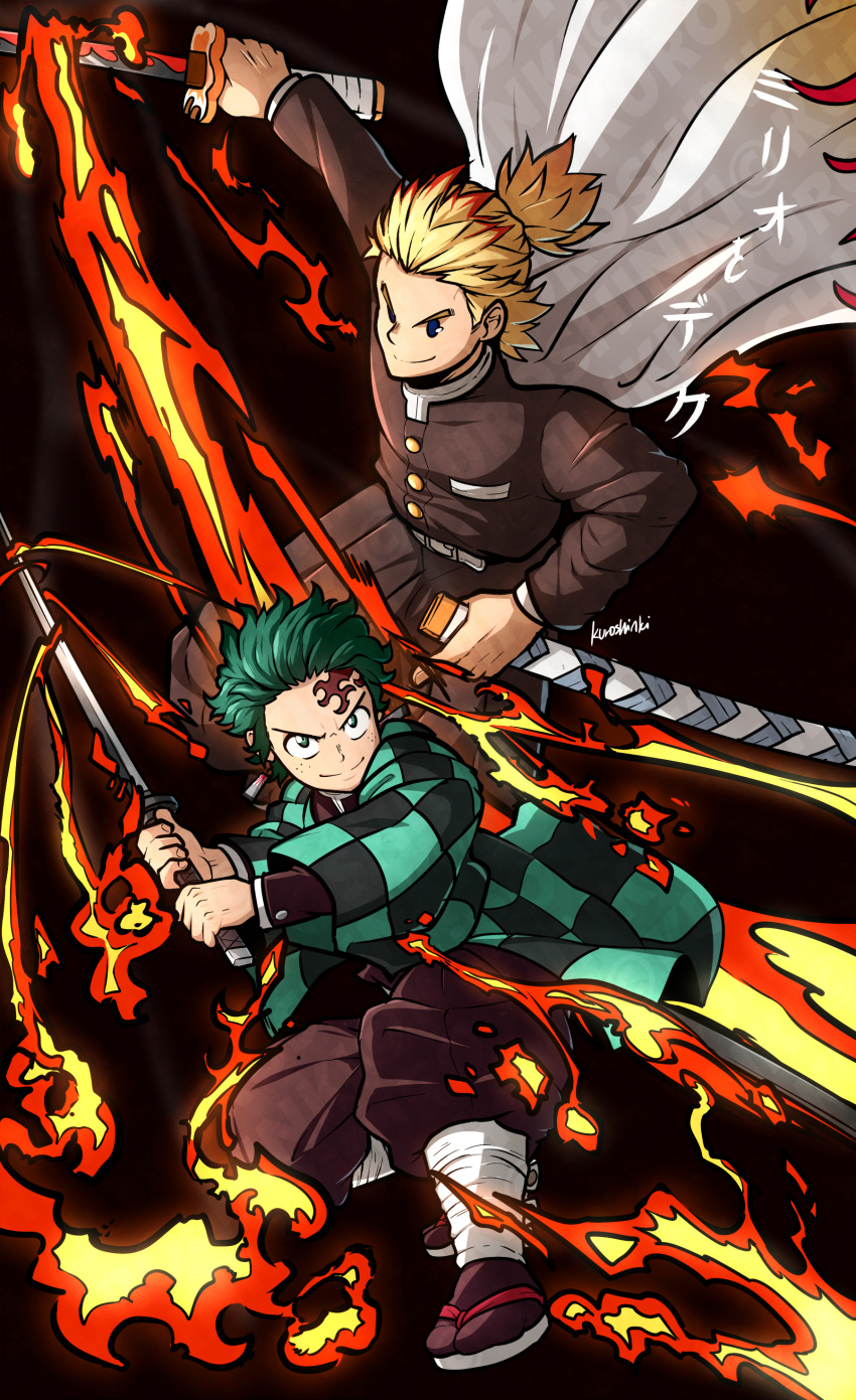 2boys absurdres alternate_costume blonde_hair blue_eyes boku_no_hero_academia cape cosplay crossover fighting_stance fire freckles green_eyes green_hair highres kamado_tanjirou kamado_tanjirou_(cosplay) katana kimetsu_no_yaiba kuroshinki male_focus midoriya_izuku multiple_boys rengoku_kyoujurou rengoku_kyoujurou_(cosplay) short_hair smile sword toogata_mirio weapon