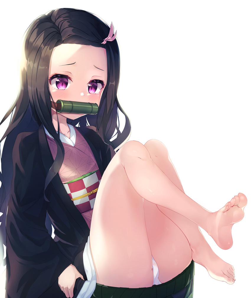 1girl 2drr ass bad_anatomy bad_proportions bamboo bangs bare_legs barefoot bit_gag black_hair blush checkered commentary_request forehead gag hair_ribbon highres japanese_clothes kamado_nezuko kimetsu_no_yaiba kimono knees_up long_hair long_sleeves looking_at_viewer mouth_hold obi open_clothes panties pantyshot parted_bangs pink_kimono pink_ribbon purple_eyes revision ribbon sash simple_background sitting sleeves_past_wrists soles solo tears underwear very_long_hair white_background white_panties