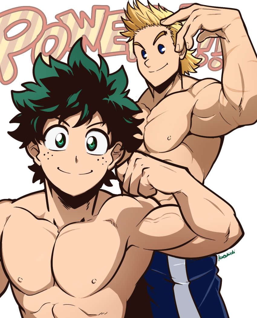 2boys abs bara blonde_hair blue_eyes boku_no_hero_academia chest freckles green_eyes green_hair highres kuroshinki male_focus midoriya_izuku multiple_boys nipples pectorals shirtless short_hair smile toned toned_male toogata_mirio