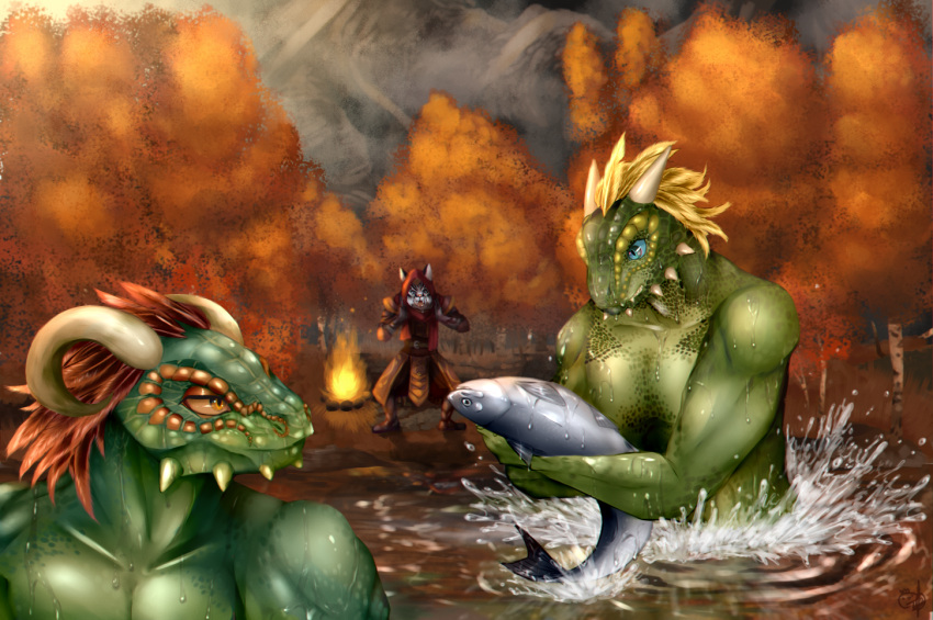 anonymous_artist anthro argonian bethesda_softworks blue_eyes campfire clothed clothing derkeethus detailed_background dragonborn_(skyrim) feathers felid fishing forest fur green_body green_scales group horn j'zargo khajiit lake male mammal orange_body orange_eyes orange_feathers outside scales scalie the_elder_scrolls topless tree video_games water white_body white_fur yellow_body yellow_feathers